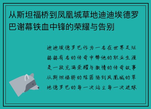 从斯坦福桥到凤凰城草地迪迪埃德罗巴谢幕铁血中锋的荣耀与告别 从斯坦福桥到凤凰城草地迪迪埃德罗巴谢幕铁血中锋的荣耀与告别