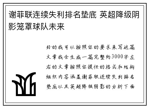 谢菲联连续失利排名垫底 英超降级阴影笼罩球队未来